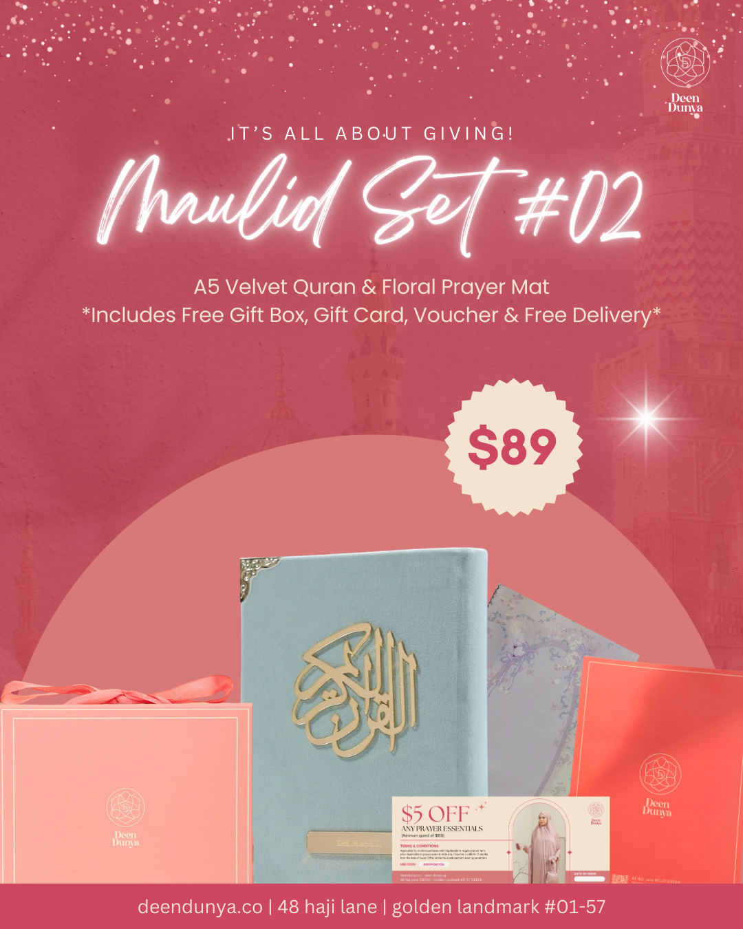 Maulidur Rasul Gift Set 2- A5 Mint Velvet Quran & Floral Prayer Mat set