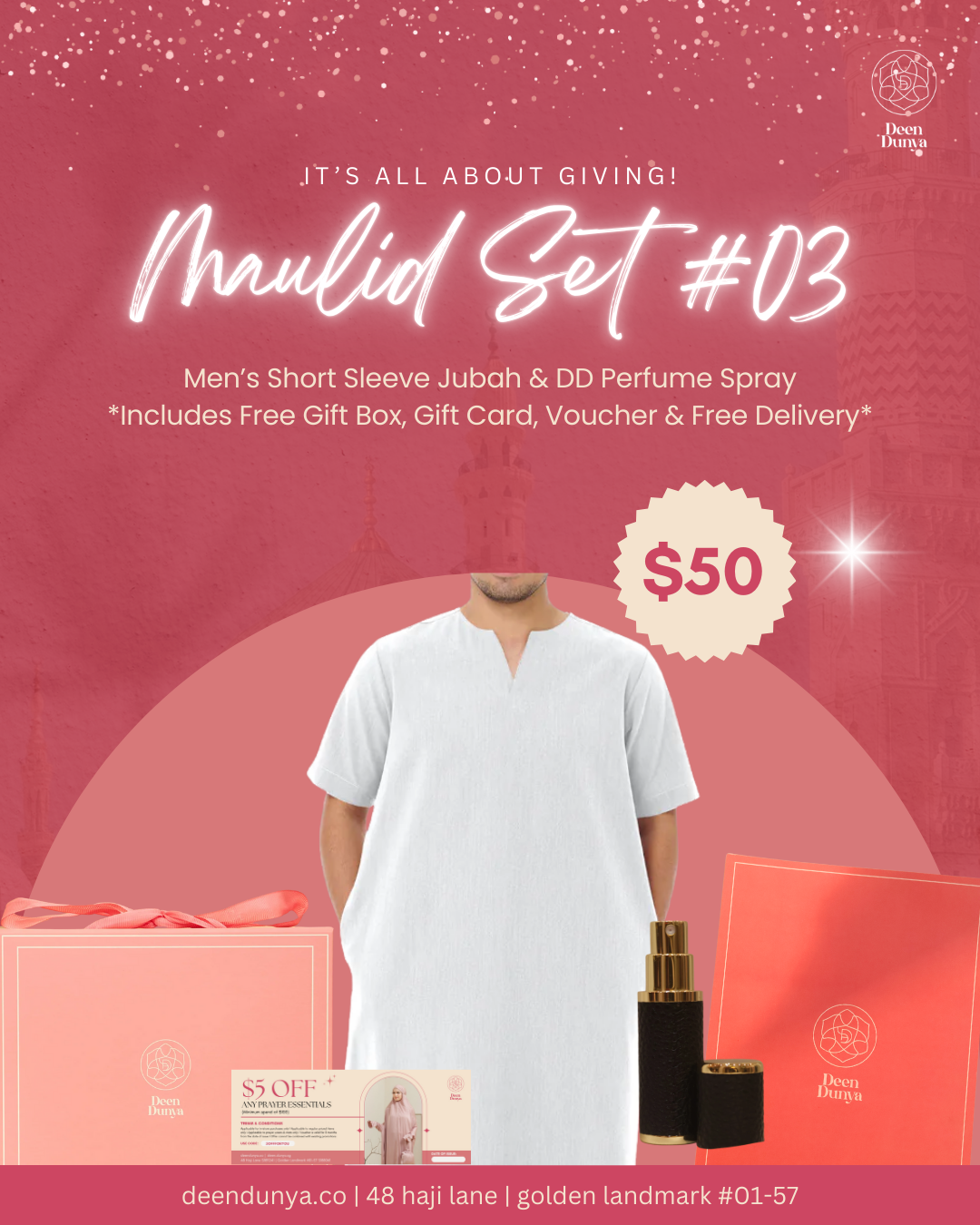 Maulidur Rasul Gift Set 3 - Men’s Shortsleeve Jubah & Deen Dunya Spray Perfume set