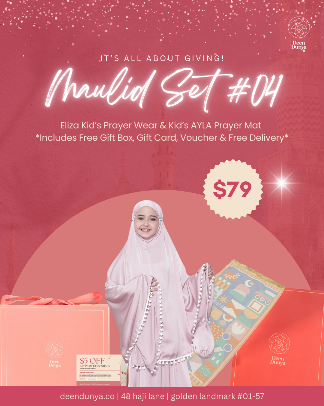 Maulidur Rasul Gift Set 4 - Eliza Pink Kid’s Prayer Wear with Pompom & Kid’s Ayla Prayer Mat set