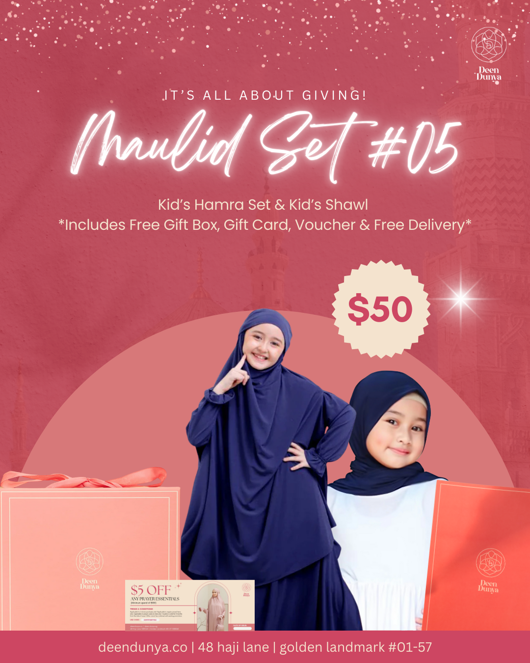 Maulidur Rasul Gift Set 5- Hamra Kid’s Set with Khimar & Kid’s Instant Jersey Shawl set