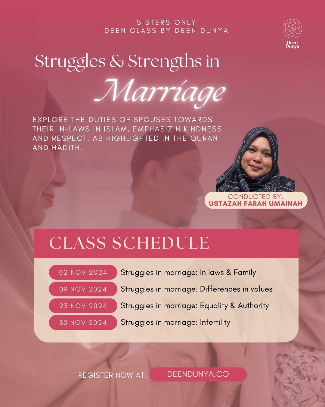 Deen Zoom Class-Struggles and Strengths in Marriage with Ustazah Farah Umainah